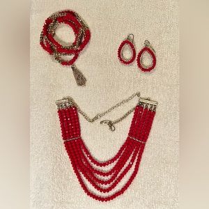 Lane Bryant red,gold beaded earrings, necklace, and bracelets.